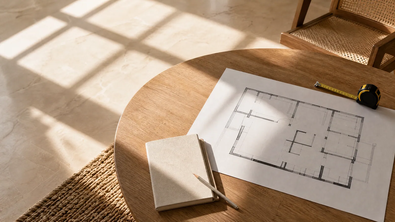 Plano de una vivienda y cinta métrica sobre una mesa, elementos que ayudan a revisar superficie y distribución