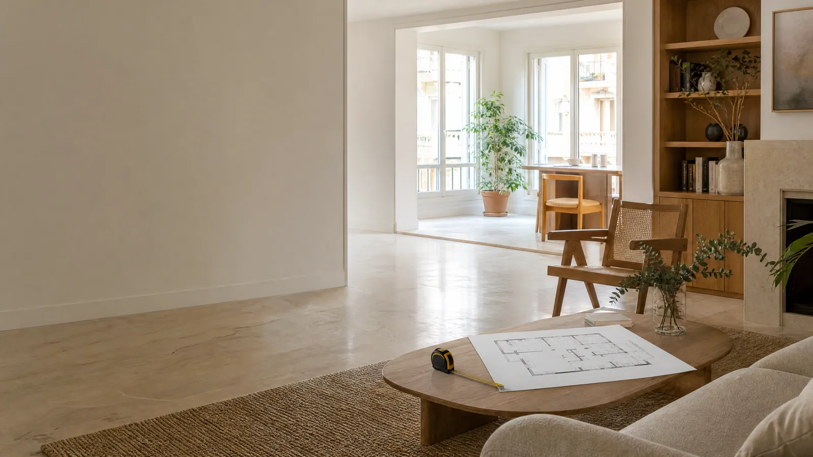 Salón luminoso de una vivienda residencial con plano y cinta métrica sobre una mesa, contexto de una valoración inmobiliaria